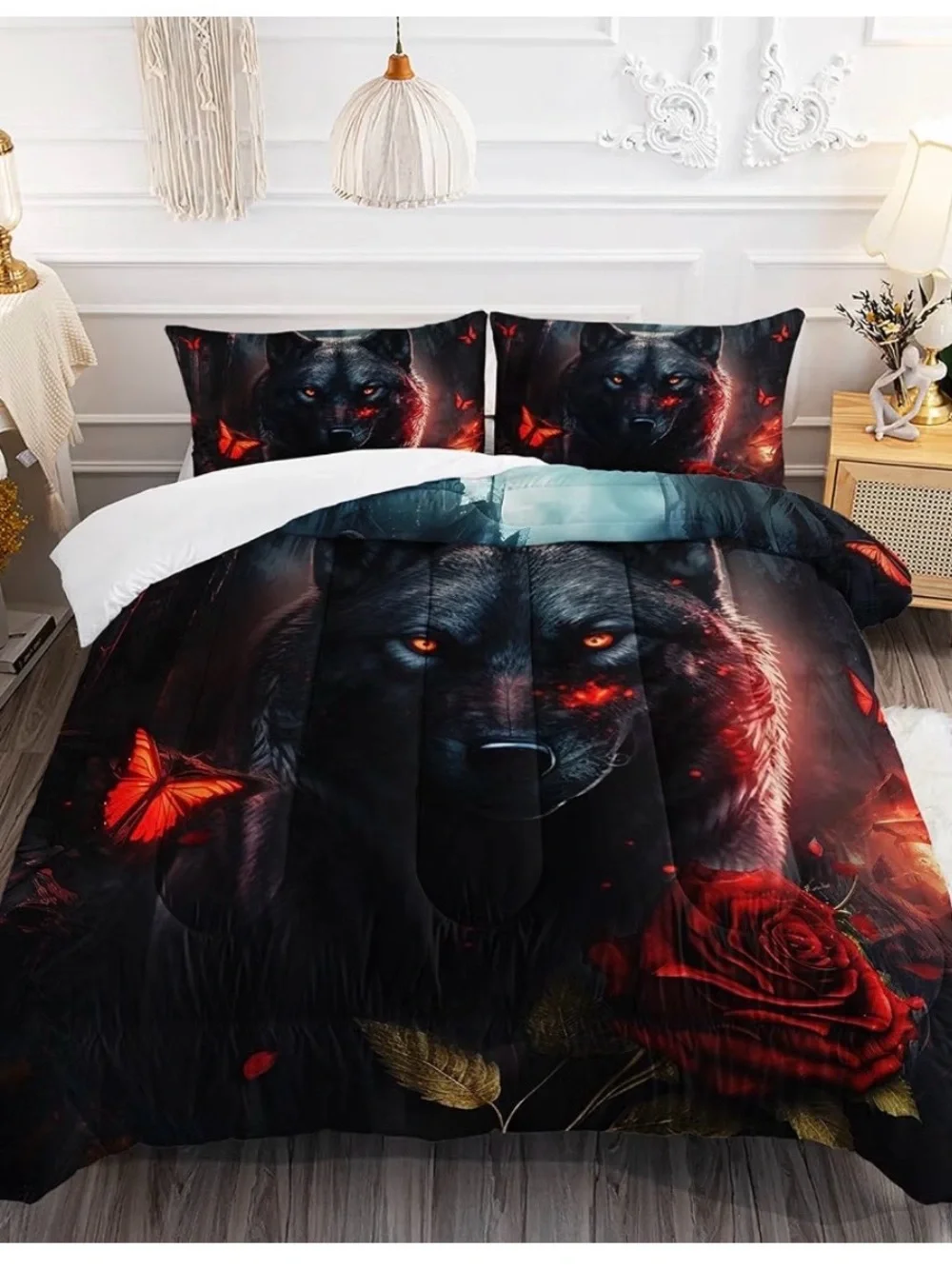 Wolf & Rose Black Comforter Set with Red Accents
